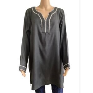 The Company Store Charcoal Gray Wool Split-Neck Tunic Top Contrast Trim Size XL